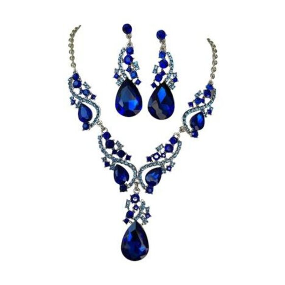 Blue Necklace Earrings Set Crystal Rhinestone Wedding Bridal Prom Jewelry Set - Picture 1 of 3